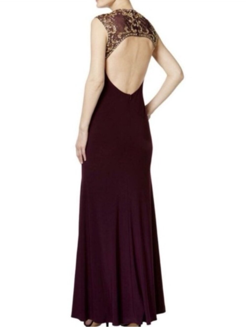 Betsy & Adam Dresses | Plum/Gold Embellished Gown with Open Back Size 0